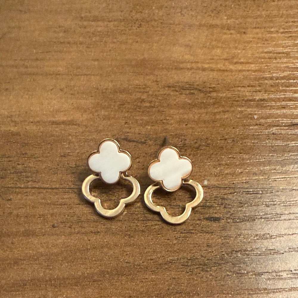 Gold and White Clover Drop Stud Earrings - Women Jewelry